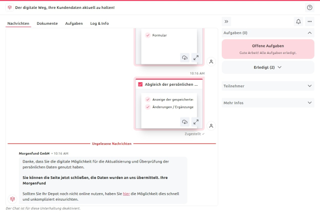 Vorgang abgeschlossen und Bestätigung erhalten