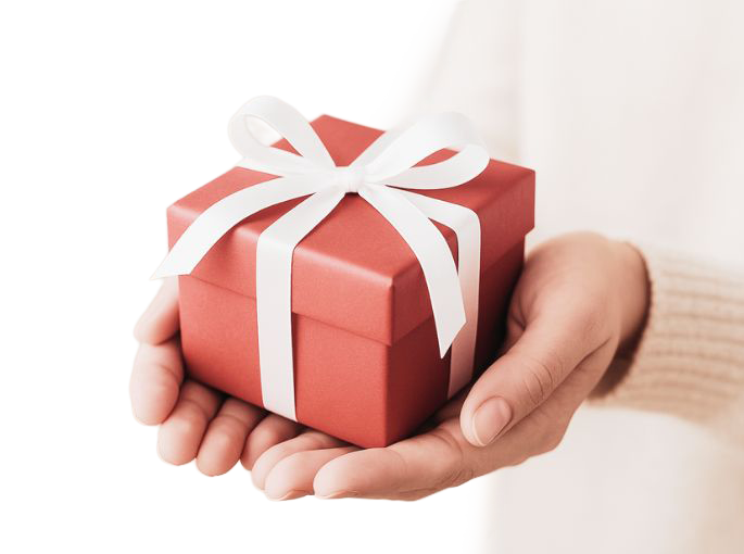 Zwei Hände, welches ein rotes Paket halten.